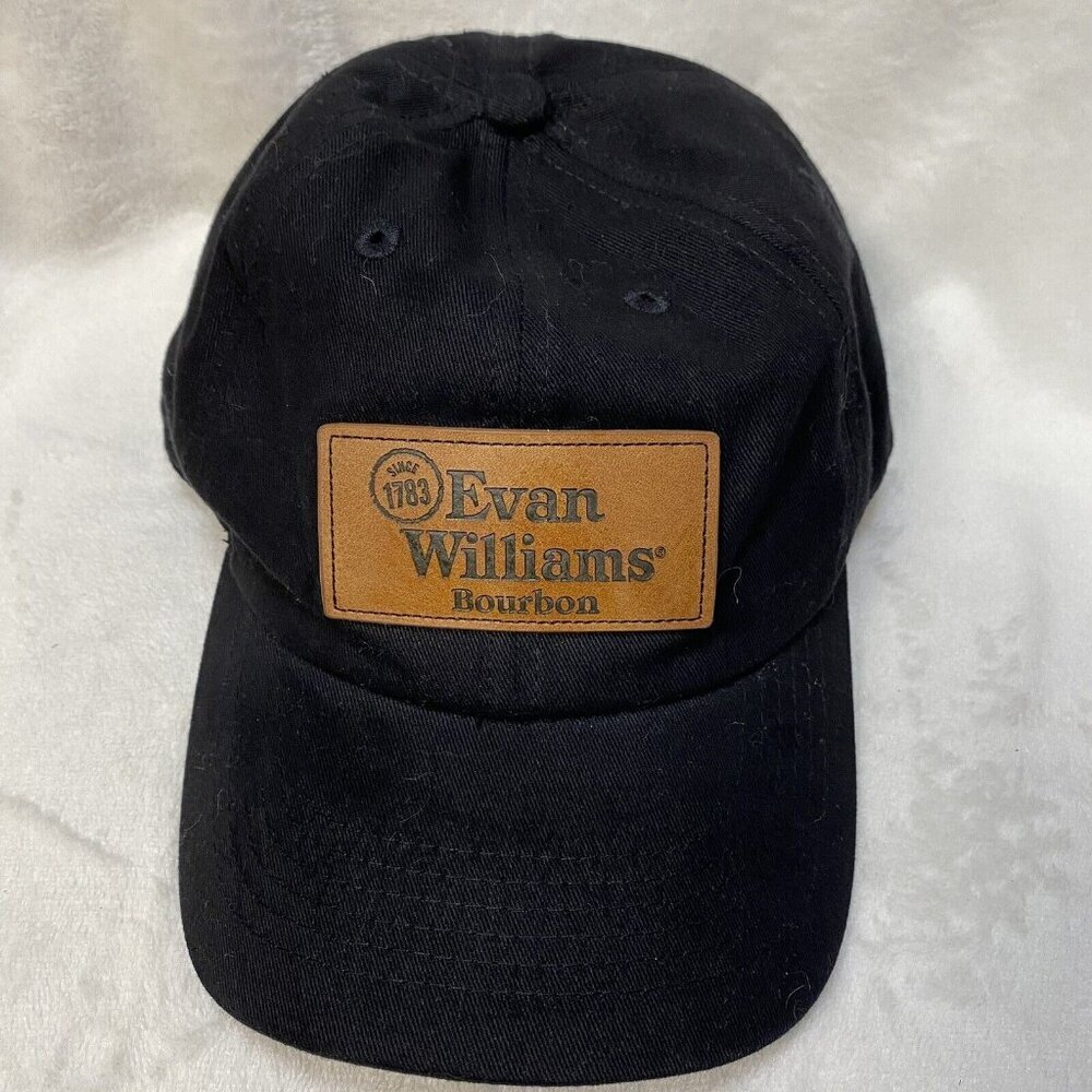 Evan Williams Bourbon Whiskey Black Cap/ Hat Leather Logo Adjustable